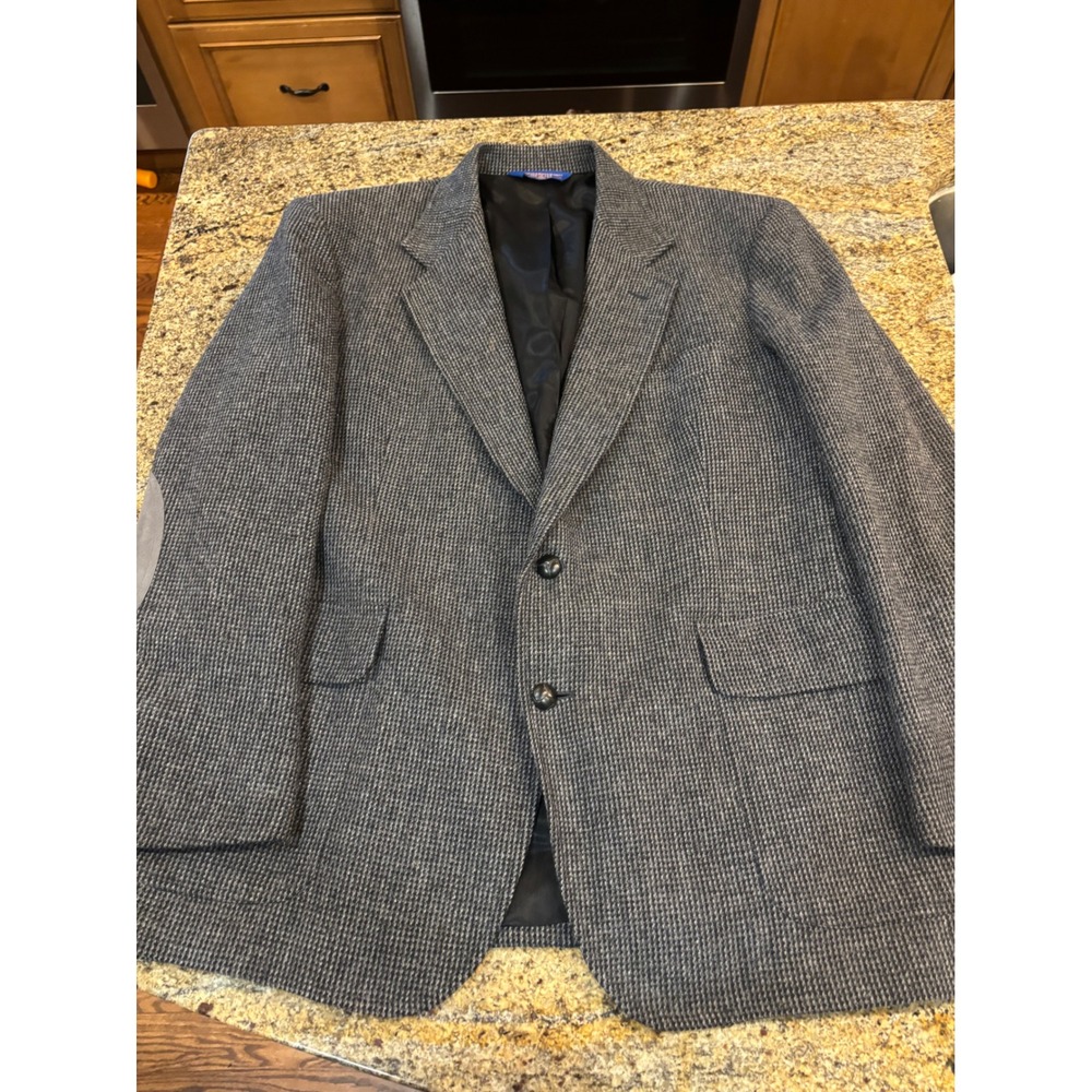 Vtg Pendleton Mens 44 Grey Wool Blazer Suede Elbow Patch Sport Coat‎ Micro Check